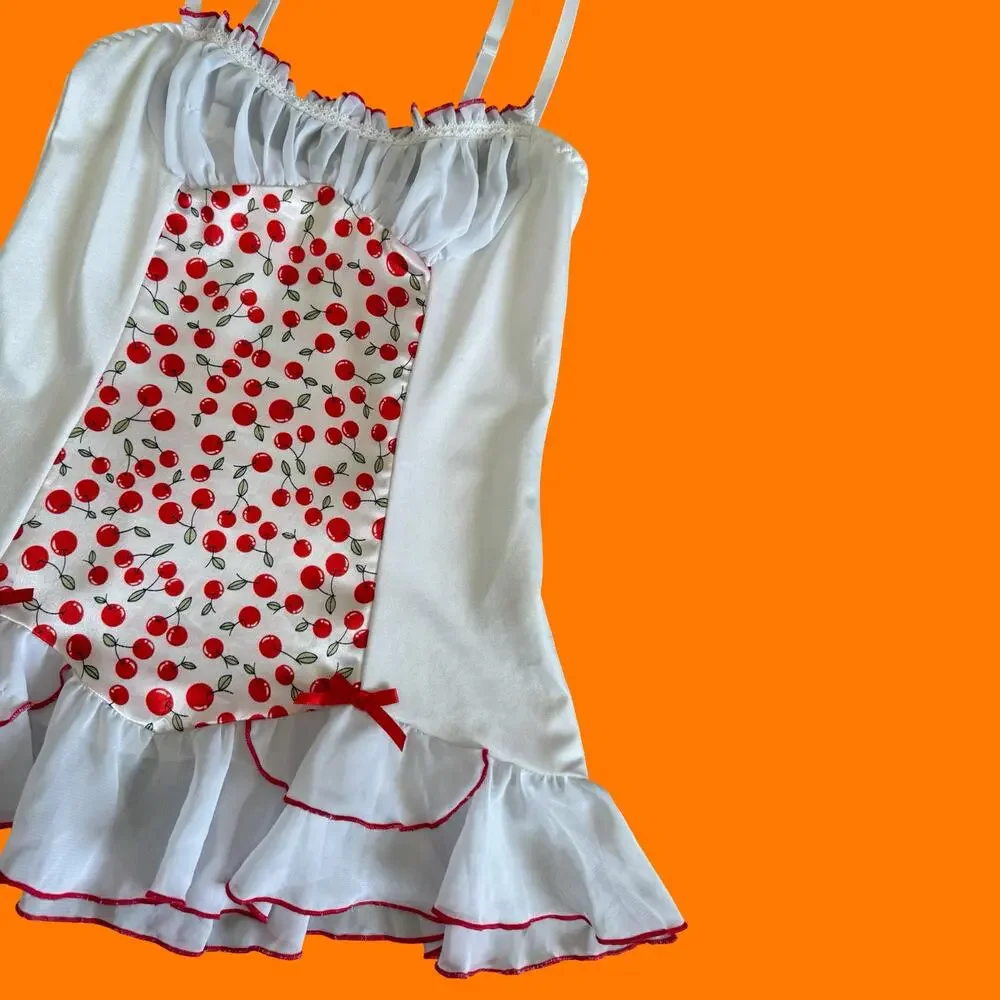 00's vintage white cherry print milkmaid lingerie y2k babydoll XS SMALL - Picture 3 of 8